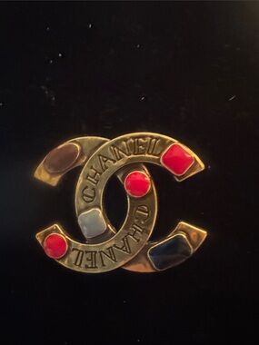Brooch Gold-Tone CC Logo Brooch with Red, Blue, Cream and Brown Enamel